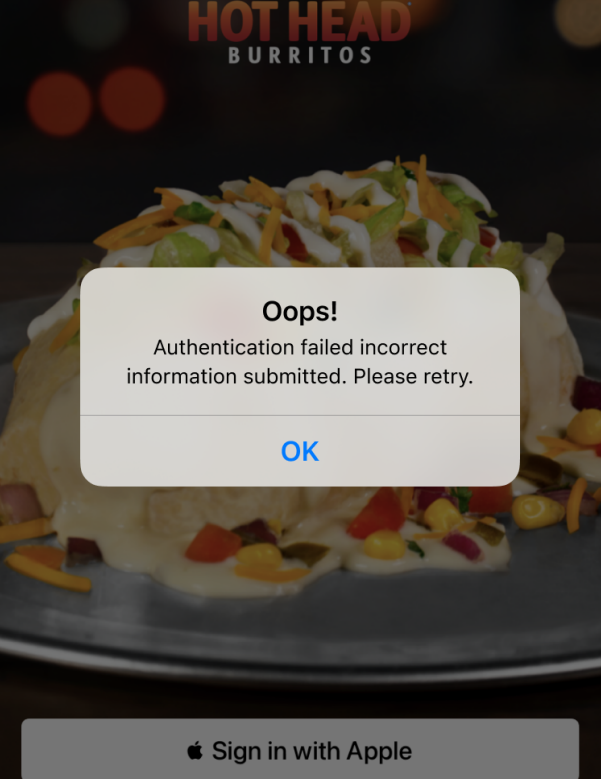 Authentication failed error screen