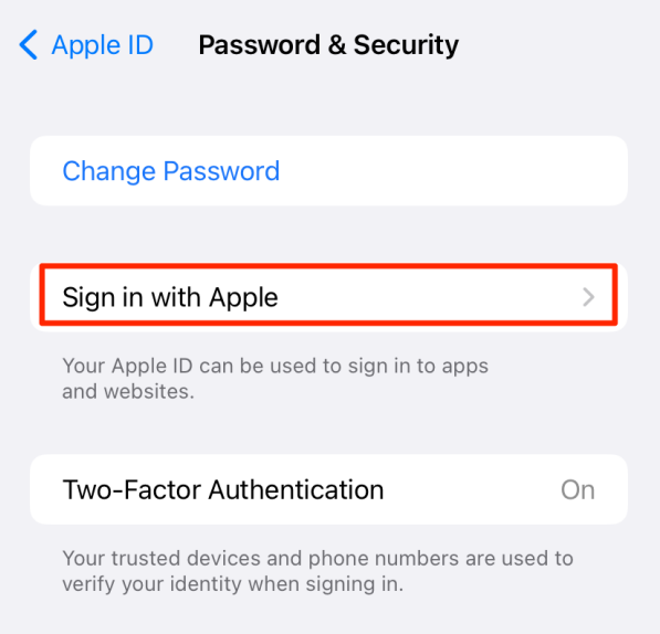 Password and Security menu showing Sign in with Apple