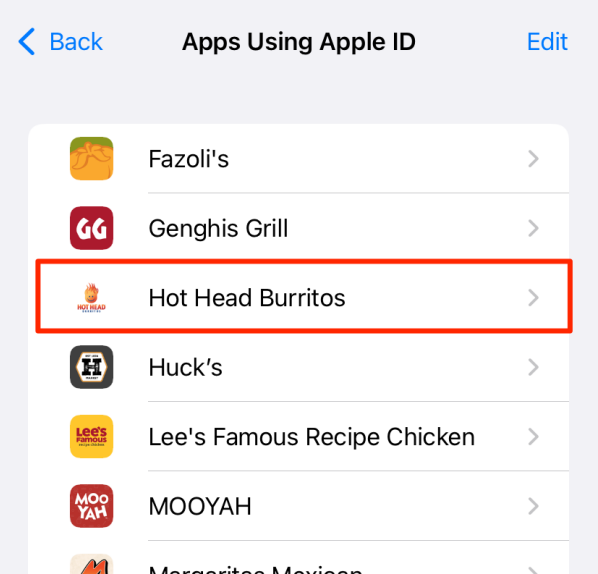 Apps using Apple ID list showing Hot Head Burritos