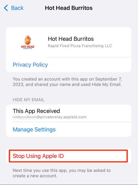 Stop Using Apple ID screen