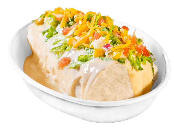 Burrito smothered in rich queso